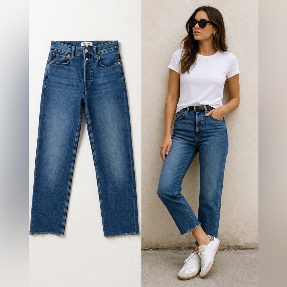 RE/DONE 70s Stove Pipe Jeans Blue 24 High‎ Rise Straight Raw Hem Vintage Staple